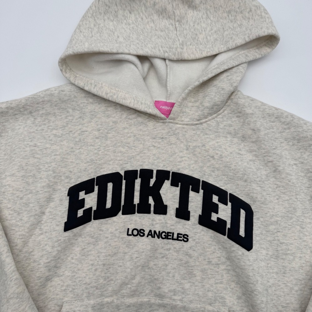 Edikted Los Angeles Graphic Hoodie Oatmeal Heather Grey Fleece Pullover XS